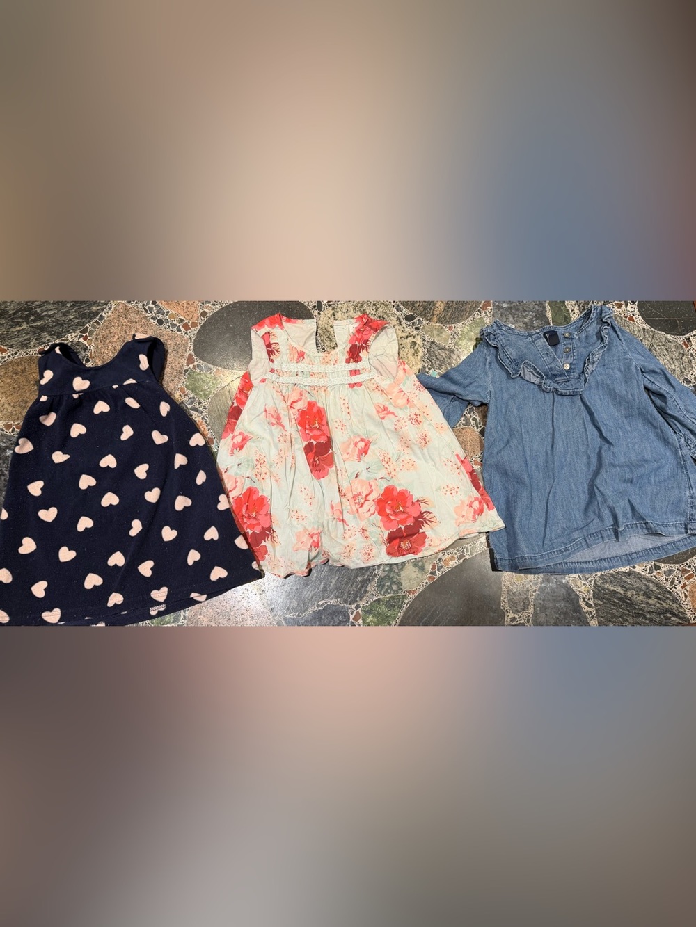 3 Baby Girl Dresses Bundle - Heart, Floral, Denim 18to 24months